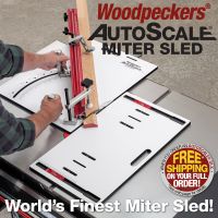 Using the AutoScale Miter Sled and Drop Zone to cut a 45-degree miter on a long piece of cherry trim.  