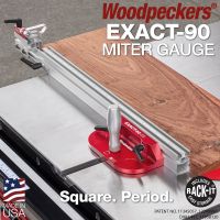 Exact-90 Miter Gauge on table saw cross-cutting hardwood lumber. 
