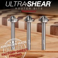Ultra-Shear Juice Groove Bits shown with samples of finished cutting boards with juice grooves. 
