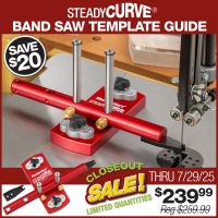 SteadyCurve Band Saw Template Guide  mounted on band saw with finished contoured projects in background.
