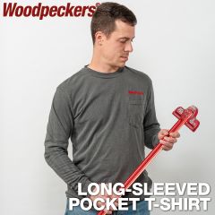 A man wearing the grey long sleeve pocket t-shirt with the Woodpeckers logo embroidered above the pocket while holding a Woodpeckers T-Square.