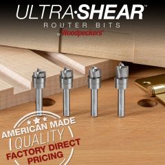 Shallow Pattern Bits in cut lengths of 3/16", 1/4", 5/16", and 3/8" with samples of what they can do.
