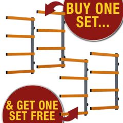 These heavy-duty, powder-coated steel wall racks provide 440 lbs. of weight capacity (110 lbs. per level) and they’re quick and easy to install.