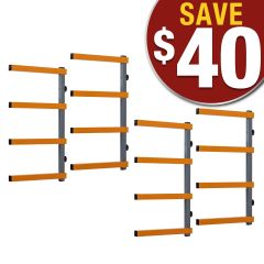 These heavy-duty, powder-coated steel wall racks provide 440 lbs. of weight capacity (110 lbs. per level) and they’re quick and easy to install.
