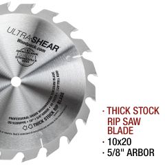 Ultra-Shear 10" 20-Tooth Thick Stock Rip Blade mounted in table saw with 3" thick quilted maple in background. 