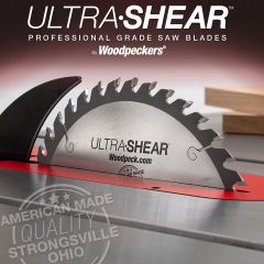 Ultra-Shear 10" 40-tooth Cross-Cut & Rip Blade in table saw with finished cuts in background.
