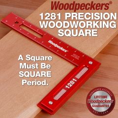 Woodpeckers 1281 Precision Woodworking Square resting on a mahogany board. 