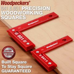 The 851 and 641 precision woodworking squares resting on the edge of a plywood board. 