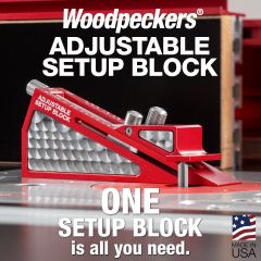 Adjustable Setup Block referencing router bit in router table.