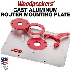 Your cast aluminum router mounting plate comes with a plate (drilled or undrilled), three sizes of our twist-lock rings, the twist-lock wrench, and a steel starting pin. 