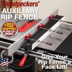 The Auxiliary Rip Fence installed on a Sawstop rip fence with track clamps in the standard, high fence orientation and the material support installed on the infeed.
