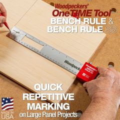 Bench Rule in use for scribing parallel to material edge overlaid with name and headline.
