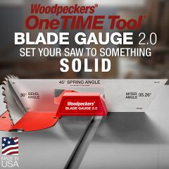 Woodpeckers Blade Gauge 2.0 set up on a table saw aligning the 30-degree bevel for a 45-degree spring angle crown molding cut. 