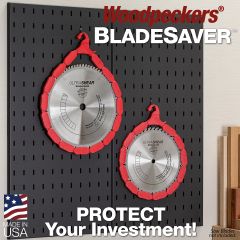 10" and 12" saw blades hanging on pegboard wall stored in BladeSavers.

