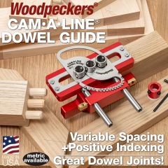 Cam-A-Line Dowel Guide shown with samples of butt, miter, edge and T joints. 