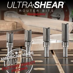 Ultra-Shear 3/4" Template Pattern Bits with cut lengths of 1", 1-1/4", 1-1/2" and 2". Finished charcuterie boards in background.
