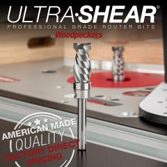 Compact Compression Mortising Bit displayed on router table with headline Ultra-Shear Router Bits