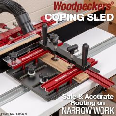 Coping Sled posed on router table with cabinet door rail clamped in place.