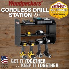 Cordless Drill Station shown with 4 drills, 2 chargers and extra batteries.
