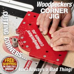 Woodpeckers Corner Jig in use on router table cutting 2-1/2" radius corner.