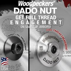 SawStop standard arbor washer and nut beside Dado Nut. Standard nut barely engages shaft. Dado Nut fully engages shaft.