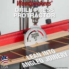 Drill Press Protractor installed in drill press with angle adjusted to 10-1/2°.
