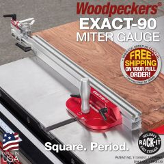 Exact-90 Miter Gauge on table saw cross-cutting hardwood lumber. 
