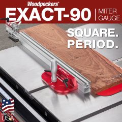 Exact-90 Miter Gauge on table saw cross-cutting hardwood lumber. 
