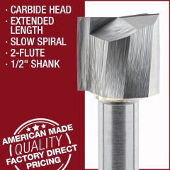2-Flute, Carbide Head, Extended Length Up-Cut, 1/2" Shank