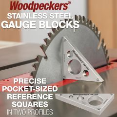Woodpeckers Stainless Steel Gauge Blocks on table saw. GB-225 aligning saw blade.