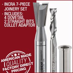 Ultra-Shear 7-Piece INCRA Joinery Set with samples of finished work.
