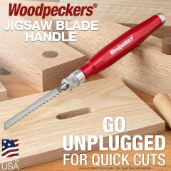 Jigsaw Blade Handle with general purpose blade installed, shown with samples of finished work.
