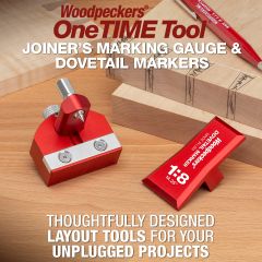 Joiner's Marking Gauge and Dovetail Marker with dovetail layout in background.