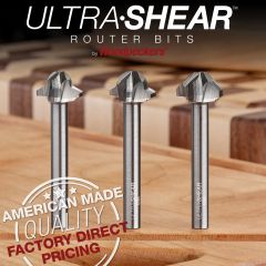 Ultra-Shear Juice Groove Bits shown with samples of finished cutting boards with juice grooves. 
