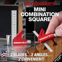 Mini Combination Square shown with 1/4" blade checking dovetail and 1/2" blade setting router bit height.   