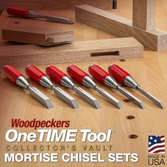 6-Piece Mortise Chisel Set on workbench posed with finished mortises.