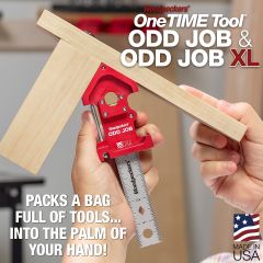 Odd Job checking inside corner with headline: Packs a Bag Full of Tools in the Palm of Your Hand.