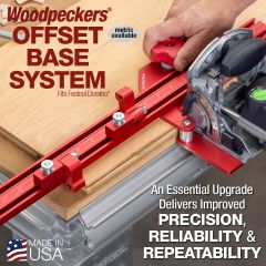 Offset Base System with outrigger attached to Festool Domino cutting mortises in edge of plywood.