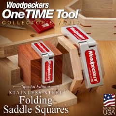 Stainless Steel Saddle Squares shown with finished projects and Universal Cross Dowel Jig. 
