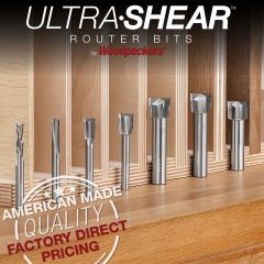 Plywood-Sized Router Bits shown with samples joints; 7/32", 6mm, 9mm, 15/32", 18mm and 23/32"
