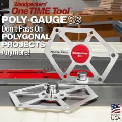 Poly-Gauge SS laying flat on table saw referencing saw blade and workpiece. 