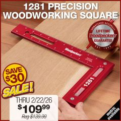 Woodpeckers 1281 Precision Woodworking Square resting on a mahogany board. 