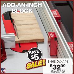 Add-an-Inch Block attached to Woodpeckers Auxiliary Rip Fence as an offset stop.