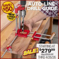 Using the Auto-Line Drill Guide to drill a hole mid-field on a large plywood workpiece while referencing the edge with the fence. 