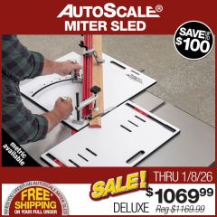 Using the AutoScale Miter Sled and Drop Zone to cut a 45-degree miter on a long piece of cherry trim.  