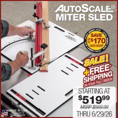 Using the AutoScale Miter Sled and Drop Zone to cut a 45-degree miter on a long piece of cherry trim.  