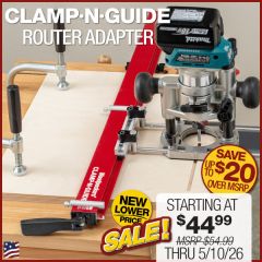Clamp-N-Guide clamped to plywood and guiding circular saw.