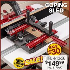 Coping Sled posed on router table with cabinet door rail clamped in place.