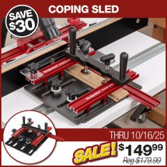 Coping Sled posed on router table with cabinet door rail clamped in place.