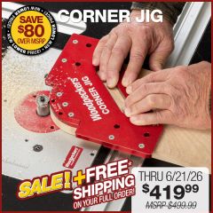 Woodpeckers Corner Jig in use on router table cutting 2-1/2" radius corner.